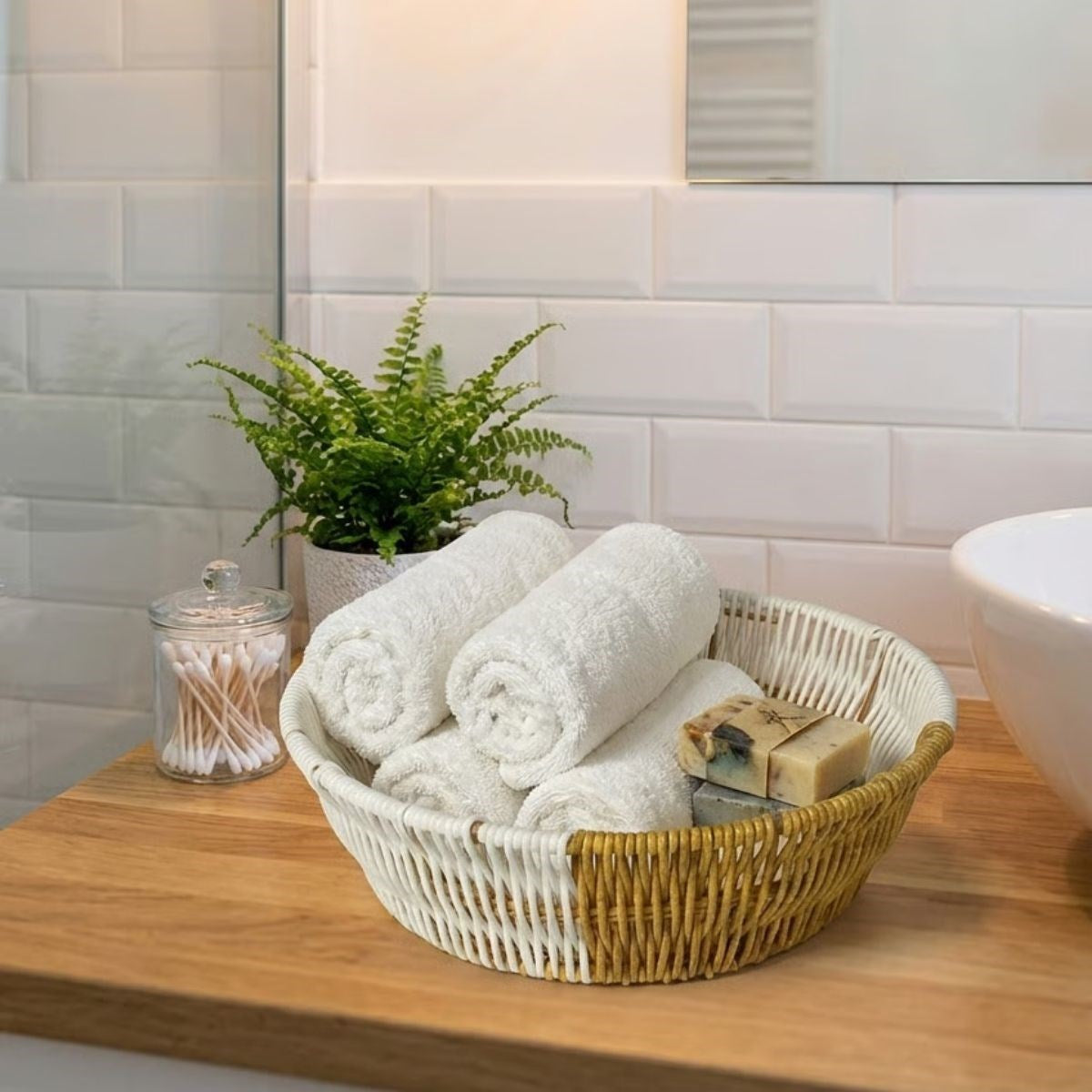 Yuvarlak Çift Renkli Plastik Rattan Ekmek ve Meyve Sepeti - Çok Amaçlı Banyo ve Mutfak Düzenleyici - Yıkanabilir Tezgâh Üstü Organizer (5286)