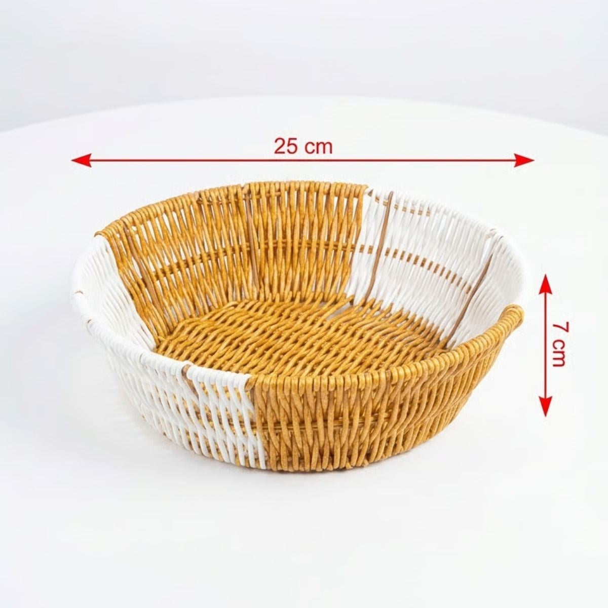 Yuvarlak Çift Renkli Plastik Rattan Ekmek ve Meyve Sepeti - Çok Amaçlı Banyo ve Mutfak Düzenleyici - Yıkanabilir Tezgâh Üstü Organizer (5286)