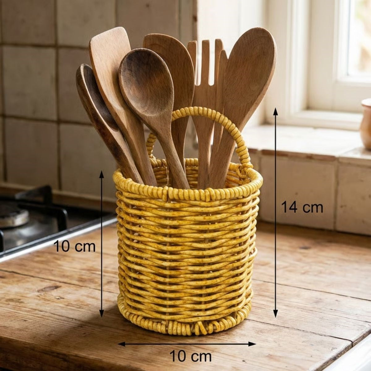 Yuvarlak Hasır Dokulu Plastik Rattan Kaşıklık & Çatallık – Askılı Kendiliğinden Tutmalı Çok Amaçlı Mutfak Organizeri (5286)