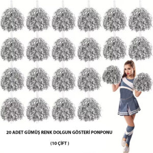 10 Çift ( 20 Adet ) Gümüş Renk 23 Nisan 19 Mayıs 29 Ekim Okul Gösteri Ponponları (5286)