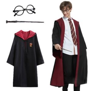Harry Potter Gryffindor Kapişonlu Çocuk Kostüm + Asa + Gözlük Seti 7-8 Yaş (5286)