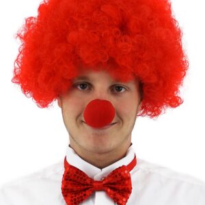 Kırmızı Renk Kıvırcık Afro Bonus Peruk Takma Saç ve Kırmızı Burun Seti (5286)