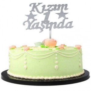 Kızım 1 Yaşında İlk Yaş Doğum Günü Partisi Pleksi Pasta Süsü Gümüş Renk (5286)