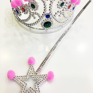 Pembe Ponponlu Gümüş Renk Prenses Tacı ve Gümüş Renk Prenses Asası (5286)