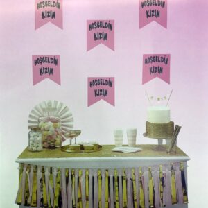 Pembe Üzeri Gümüş Renk Hoşgeldin Kızım Bayrak Süs (5286)