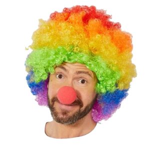 Rengarenk Gökkuşağı Afro Bonus Peruk ve Kırmızı Renk Sünger Burun 120 gr (5286)