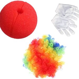 Rengarenk Palyaço Peruk Beyaz Eldiven Kırmızı Sünger Burun Palyaço Seti 3 Parça (5286)