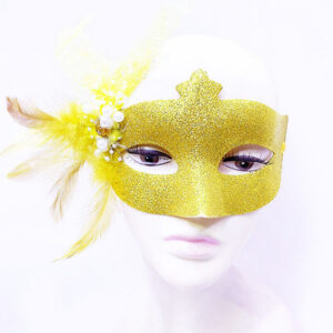 Sim İşlemeli İnci Boncuk Detaylı Tüylü Balo Maskesi Altın Renk 13x18 cm (5286)