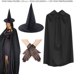 120 cm Siyah Yakalı Cadı Pelerini Cadı Şapkası ve 1 Çift Siyah Kısa File Tüm Eldiven Seti 3 Parça (5286)