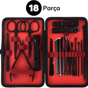 18 Parça Manikür Pedikür Set Kutusu Çelik Deri Çantalı Bakım Seti (5286)