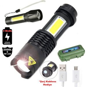 2500 Lumens + 5W COB LED USB Lion Şarjlı Ultra Güçlü Q5 XPE Su Geçirmez Şarjlı El Feneri (5286)