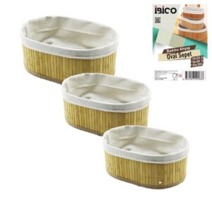 3 BOY OVAL BAMBU KENAR ORGANİZER SEPET AHŞAP ALTLIK - BEZLİ 13X22-16X26-20X30CM (5286)