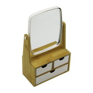 3 ÇEKMECELİ BAMBU AHŞAP STANDLI=9X9.5X18X21.5CM MAKYAJ AYNASI=15X18CM TAKILIK 2+1 ORGANİZER (5286)