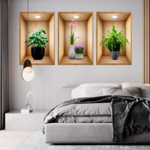 3D Çiçek Vazo Duvar Sticker 3 lü Set Kahverengi Fon (5286)