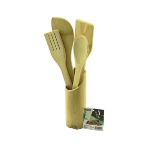 5PCS AHŞAP BAMBU MUTFAK SETİ STAND - KAŞIK - ÇATAL - 2 SPATULA FİLELİ (5286)