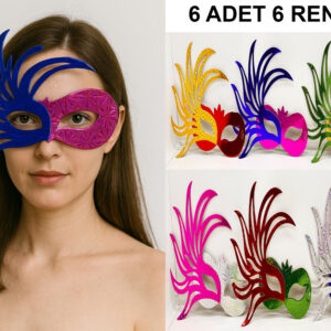 6'lı Renkli Balo Maskesi Seti | Karton &amp; Lastikli (Yetişkin-Çocuk Uyumlu) (5286)