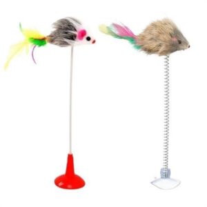 ANKAVERSE® 2li Vantuzlu Fareli Tüylü Hareketli Çanlı ve Esneyen Eğlenceli Peluş Kedi Oyuncağı