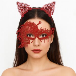 Alevin Zarafeti Kırmızı Dantel Maske ve Taç Seti 4 No – Kadın Kostüm Tamamlayıcı (5286)