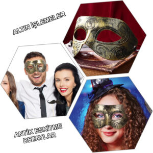 Altın Eskitme Yüz Maskesi - Antik Tarz Balo Maskesi (5286)