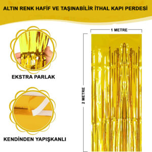 Altın Gold Renk Ekstra Metalize Parlak Saçaklı Arka Fon Perde İthal A Kalite 1x2 Metre (5286)