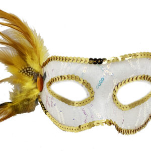 Altın Renk Yandan Tüylü Pul Payet İşlemeli Parti Maskesi 23x12 cm (5286)