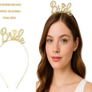 Altın Renkli Taşlı “Bride” Gelin Tacı – El Yazısı Yazı Tipiyle (5286)