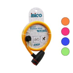 ANAHTARLI AÇ-KAPA KİLİT KAPAKLI PLASTİK KAFA BİSİKLET KİLİT ÇELİK TEL RENKLİ KILIF 12MMX80CM (5286)
