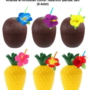 Ananas &amp; Hindistan Cevizi Tasarımlı Pipetli Bardak Seti (6 Adet) (5286)