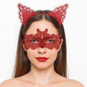 Ateş Kırmızısı Dantel Taç ve Maske Seti 10 No - Maskeli Balo &amp; Özel Gün Seti (5286)