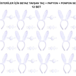 Beyaz Tavşan Kostüm Seti – Taç, Papyon, Kuyruk (12’li Paket) (5286)