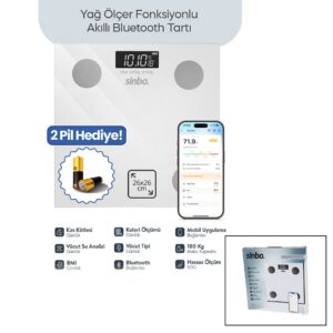 BEYAZ YAĞ ÖLÇER AKILLI BLUETOOTH CAM BASKÜL PİLLİ 180KG/50GR 26X26CM 8-KİŞİ HAFIZA LCD EKRAN ℃ GÖSTERGE SBS-4472 (5286)