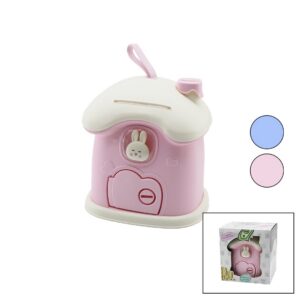 BÜYÜK=18X16X18CM EV MODELİ KİLİTLİ RENKLİ PLASTİK ÇOCUK KUMBARA TAVŞAN FİGÜRLÜ (5286)