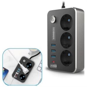 ANKAVERSE® Isıya Dayanıklı Termal Akım Korumalı 2 Mt 10A 2500W 3lü Priz ve 3 Usbi 21A Uzatma Kablosu