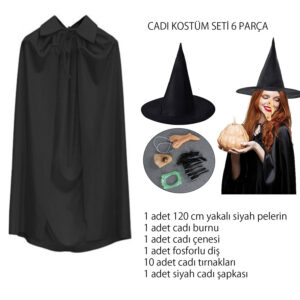 Cadı Kostüm Seti 6 Parça - Şapka Pelerin Diş Tırnaklar Çene ve Burun (5286)