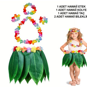 Çocuk Hawaii Kostüm Seti - Yaprak Etek &amp; Hawaii Set - 5 Parça (5286)