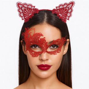 Gizemli Kırmızı Dantel Maske ve Taç Seti 1 No - Kostüm Seti (5286)