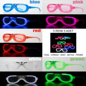 Glow Model Led Işıklı Parti Gözlüğü 3 Modlu 5 Renk 5 Adet (5286)