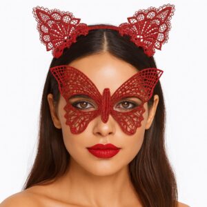 Gösterişli Kırmızı Dantel Maske ve Taç Seti 7 No – Masquerade ve Davetler için (5286)