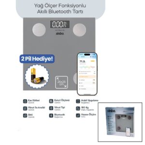 GRİ YAĞ ÖLÇER AKILLI BLUETOOTH CAM BASKÜL PİLLİ 180KG/50GR 26X26CM 8-KİŞİ HAFIZA LCD EKRAN ℃ GÖSTERGE SBS-4473 (5286)