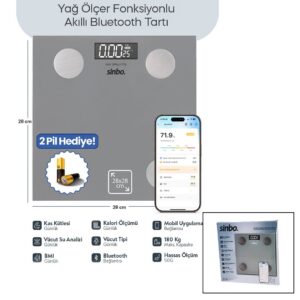 GRİ YAĞ ÖLÇER AKILLI BLUETOOTH CAM BASKÜL PİLLİ 180KG/50GR 28X28CM 8-KİŞİ HAFIZA LCD EKRAN ℃ GÖSTERGE SBS-4469 (5286)