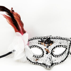 Gümüş Renk Yandan Tüylü Güllü Gümüş Taşlı Pullu Maske 20x22 cm (5286)