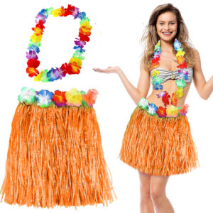 Hawaii Luau Aloha Turuncu Püsküllü 40 cm Etek ve Hawaii Kolye Seti (5286)