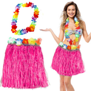 Hawaii Luau Aloha Pembe Püsküllü 40 cm Etek ve Hawaii Kolye Seti (5286)