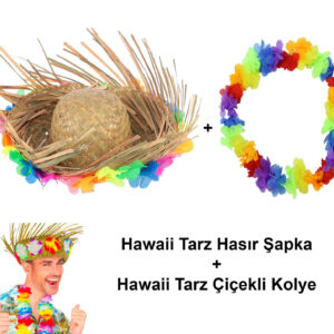 Hawaii Tarzı Tropikal Çiçekli Hasır Şapka ve Çiçekli Hawaii Kolye (5286)