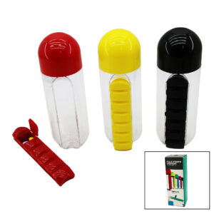 İLAÇ KUTULU PLASTİK SULUK MATARA RENKLİ BARDAK KAPAKLI 600ML (5286)