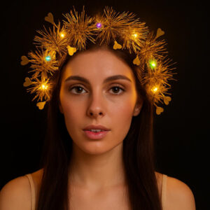 Kalp Püsküllü Gece Parıltısı 3 Modlu LED'li Işıklı Taç Altın Renk (5286)