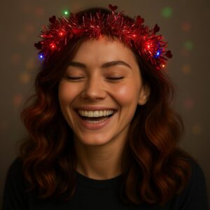 Kalp Püsküllü Gece Parıltısı 3 Modlu LED'li Işıklı Taç Kırmızı Renk (5286)