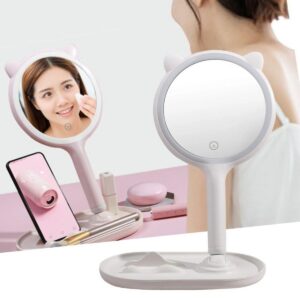 Kedi Kulaklı Telefon Standlı Yuvarlak Dokunmatik Led Ayarlı Masa Üstü Makyaj Aynası (5286)
