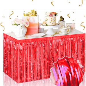 Kendinden Yapışkanlı Kırmızı Metalize Püsküllü Masa Eteği – 75 x 275 cm Parti Süslemesi (5286)