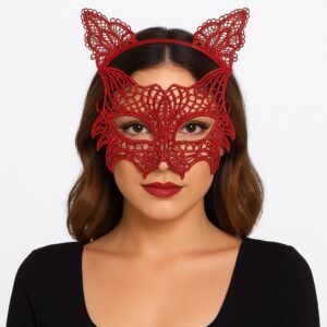 Kırmızı Dantel Kedi Maskesi ve Dantel Taç Seti 8 No – Kadın Kostüm Aksesuarı (5286)